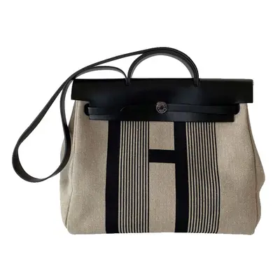 Hermes Beige/Black Canvas Herbag Zip Tote Bag