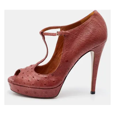 Gucci Rust Ostrich Betty T-Strap Platform Pumps Size