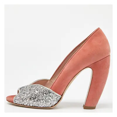 Miu Miu Orange/Silver Suede and Glitter Open Toe Pumps Size