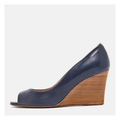 Tod's Navy Blue Leather Peep Toe Wedge Pumps Size