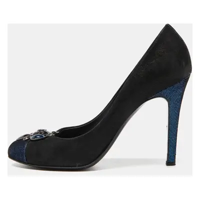 Chanel Black/Blue Suede Embellished CC Cap Toe Pumps Size 39.5