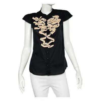 Yves Saint Laurent Black Cotton Crochet Ruffled Button Front Top