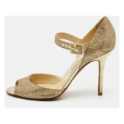 Jimmy Choo Gold Coarse Glitter Foil Leather Ankle Strap Sandals Size 39.5