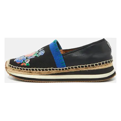 Tory Burch Black/Blue Leather and Knit Fabric Floral Print Espadrille Flats Size 39.5