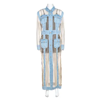 Balmain Bicolor Sheer Silk Panelled Denim Trim Shirt Dress