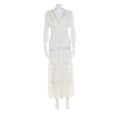 Chloe Cream Linen Pintucked Lace Paneled Maxi Dress