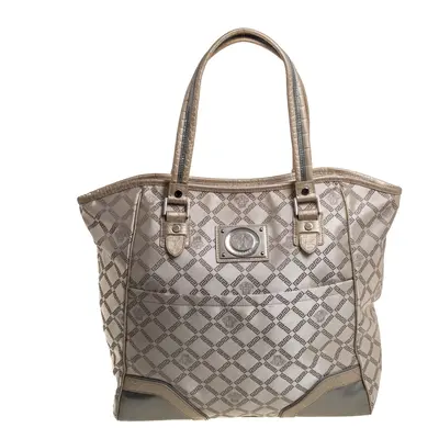 Versace Beige Monogram Fabric and Croc Embossed Leather Tote