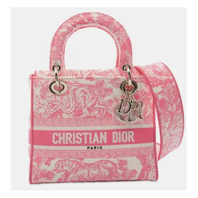 Christian Dior Pink White Canvas Dioriviera Lady D-Lite Medium Toile de Jouy Handbag