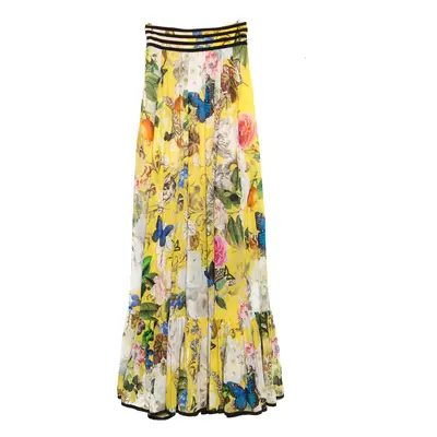 Roberto Cavalli Yellow Wonderland Printed Silk Flounce Bottom Maxi Skirt