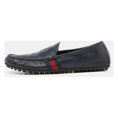 Gucci Blue Leather Web Accent Penny Slip On Loafers Size