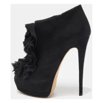 Giuseppe Zanotti Black Suede Frill Peep Toe Ankle Boots Size