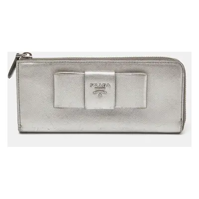 Prada Silver Saffiano Lux Leather Zip Around Wallet