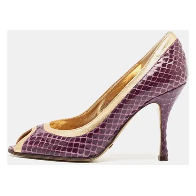 Dolce & Gabbana Purple Leather and Python Leather Peep Toe Pumps Size