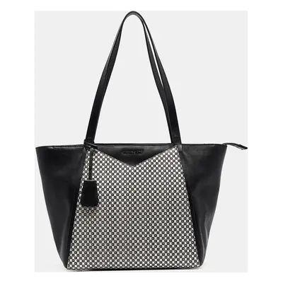 Michael Kors Black/White Checkboard Logo Leather Large Whitney Tote