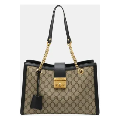 Gucci Beige Black PVC Leather Padlock GG Medium Shoulder Bag