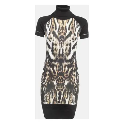 Roberto Cavalli Black Animal Print Knit Turtleneck Sweater Dress