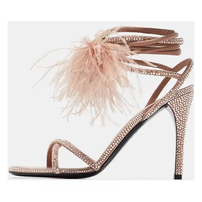 Valentino Beige Satin and Leather Crystal Embellished Ankle Strap Sandals Size