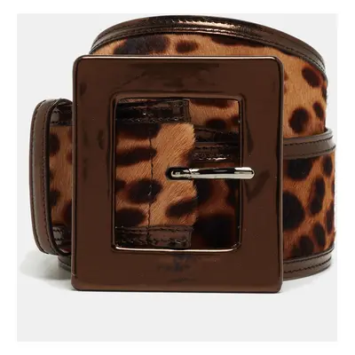 Dolce & Gabbana Bronze/Beige Leopard Print Calf Hair and Patent Leather Wide Buckle Belt 80CM