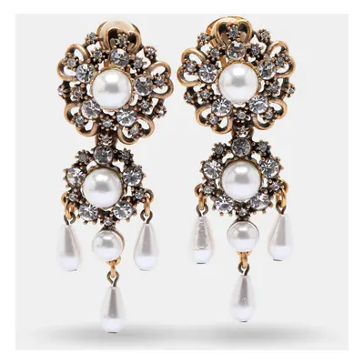 Oscar de la Renta Gold Tone Faux Pearland Crystals Embellished Earrings