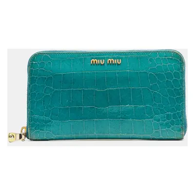 Miu Miu Green Croc Embossed Leather Zip Around Wallet