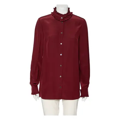 Dolce & Gabbana Burgundy Silk Ruffle Trim Detailed Button Front Shirt