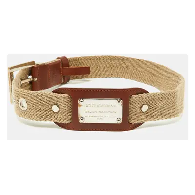 Dolce & Gabbana Beige Canvas and Leather Plaque Detail Waist Belt 65CM