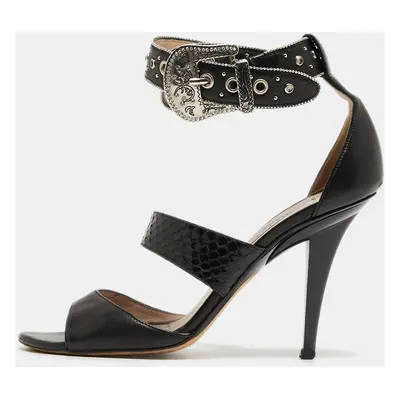 Jimmy Choo Black Embossed Python and Leather Studded Ankle Wrap Sandals Size