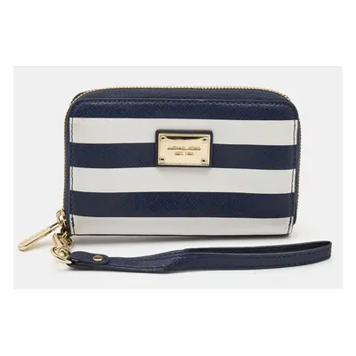 Michael Kors Blue/White Leather Striped Zip Around Wallet