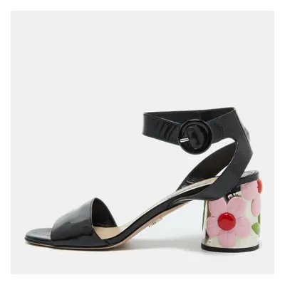 Prada Black Patent Leather Ankle Strap Floral Block Heel Sandals Size