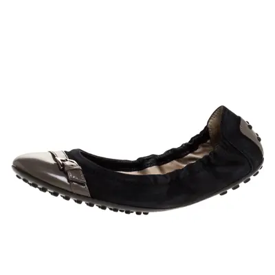 Tod's Black/Grey Leather and Suede Buckle Detail Scrunch Ballet Flats Size