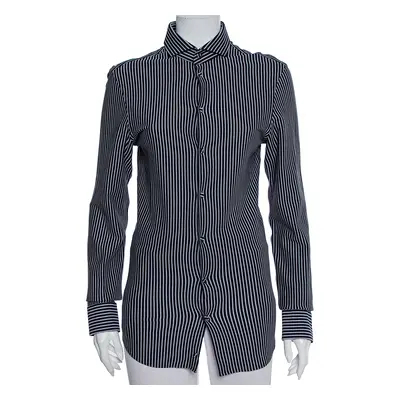 Emporio Armani Navy Blue Striped Cotton Knit Button Front Shirt