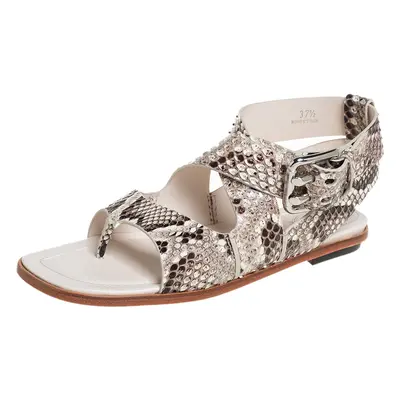 Tod's Brown/Cream Python Leather Ankle Strap Flat Sandals Size 37.5