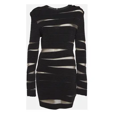 Balmain Black Open Knit Long Sleeve Mini Dress