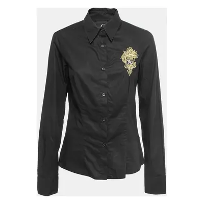 Just Cavalli Black Cotton Logo Crest Embroidered Shirt