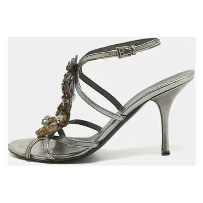 Prada Grey Leather Crystal Embellished Ankle Strap Sandals Size