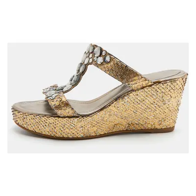 René Caovilla Gold Snakeskin Crystal Embellished Wedge Sandals Size