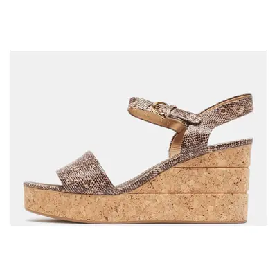 Salvatore Ferragamo Brown Lizard Embossed Leather Madea Cork Wedge Sandals Size