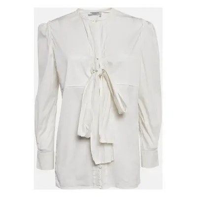 Yves Saint Laurent Paris Off-White Cotton Stretch Tie-Up Blouse