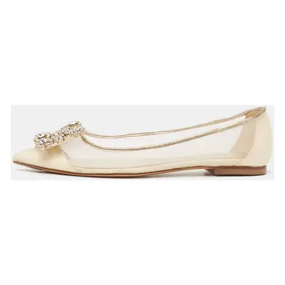 Roger Vivier Beige/Gold Leather and Mesh Crystal Embellished Ballet Flats Size