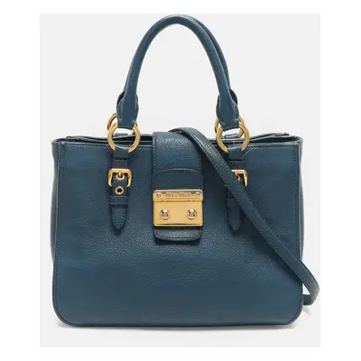 Miu Miu Blue Madras Leather Pushlock Tote