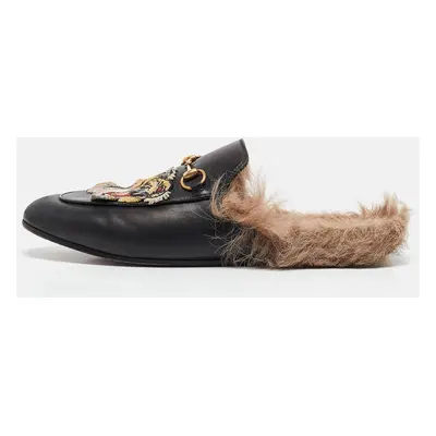 Gucci Black Leather and Fur Tiger Embroidered Princetown Mules Size