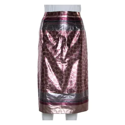 Burberry Champagne Pink Printed Lamé Pencil Skirt