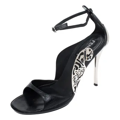 Fendi Black Leather Metal Applique Embellished Ankle Strap Sandals Size