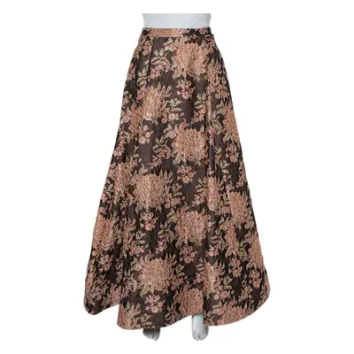 Alice + Olivia Brown Lurex Floral Jacquard Pleated Rachelle Maxi Skirt