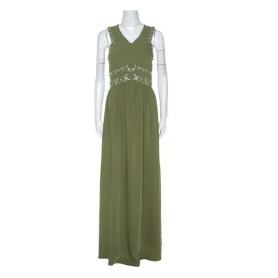 Tory Burch Green Crepe Embellished Luisa Sleeveless Gown