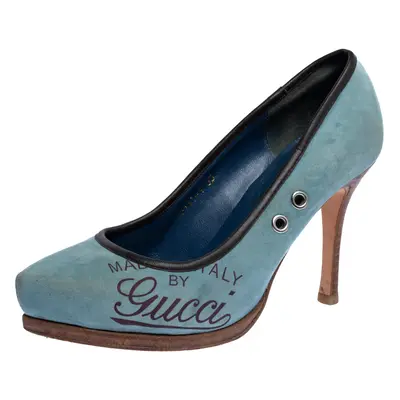 Gucci Blue Suede And Brown Leather Trim Eyelet Embellished Platform Pumps Size