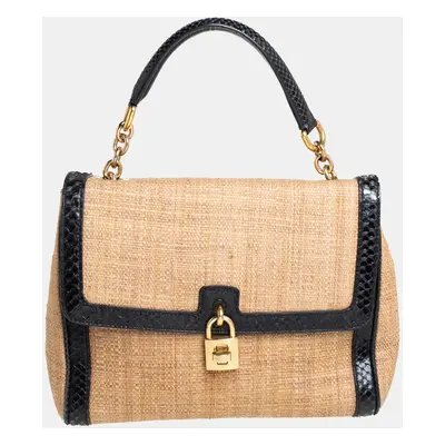 Dolce & Gabbana Beige/Black Raffia and Python Trim Miss Dolce Top Handle Bag