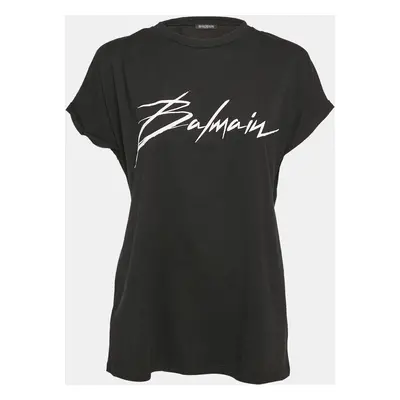 Balmain Black Logo Print Cotton Crew Neck T-Shirt