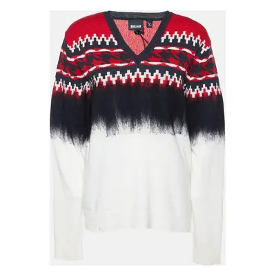 Just Cavalli Multicolor Patterned Wool and Silk V-Neck Sweater