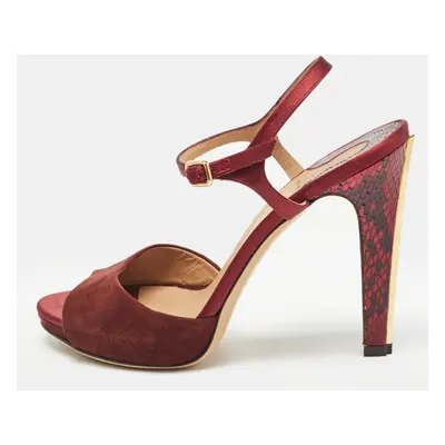 Salvatore Ferragamo Burgundy Suede and Python Leather Ankle Strap Sandals Size 38.5